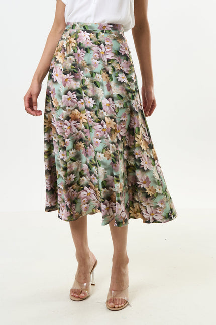 Brisa 3D Daisy Print Midi Skirt - Green - Detail 1
