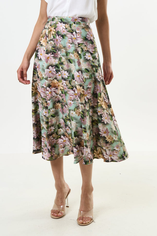 Brisa 3D Daisy Print Midi Skirt - Green - Detail 1
