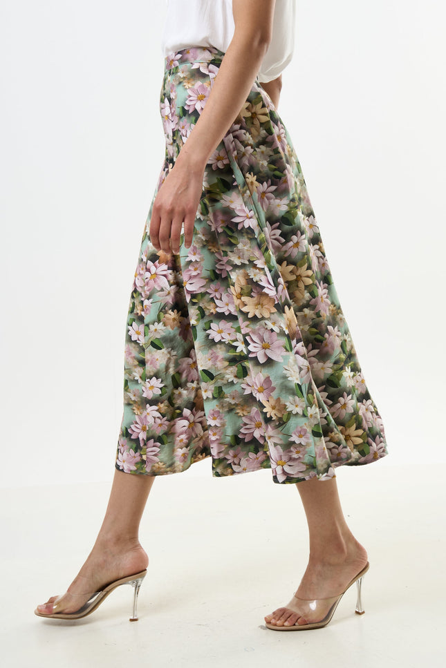 Brisa 3D Daisy Print Midi Skirt - Green - Detail 2