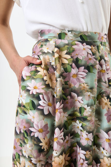 Brisa 3D Daisy Print Midi Skirt - Green - Detail 3
