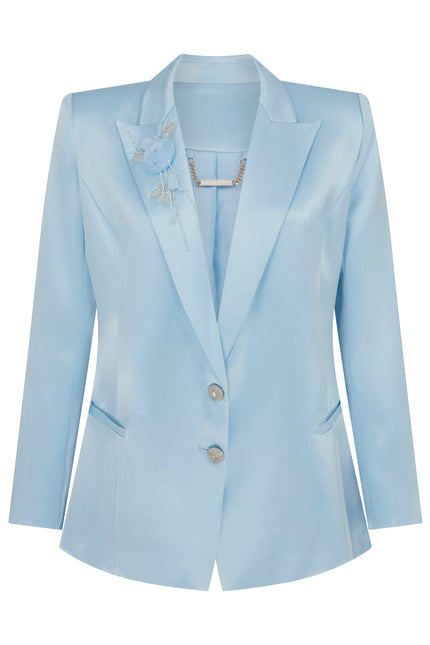 SOUR FIGS Embellished Satin Blazer Jacket in Baby BlueSOUR FIGS Floral Applique Crystal Embellished Satin Blazer Jacket in Baby Blue