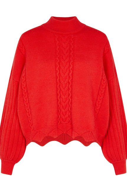 Batwing Sleeves Scallop Edge Knit Jumper II in Lust Red