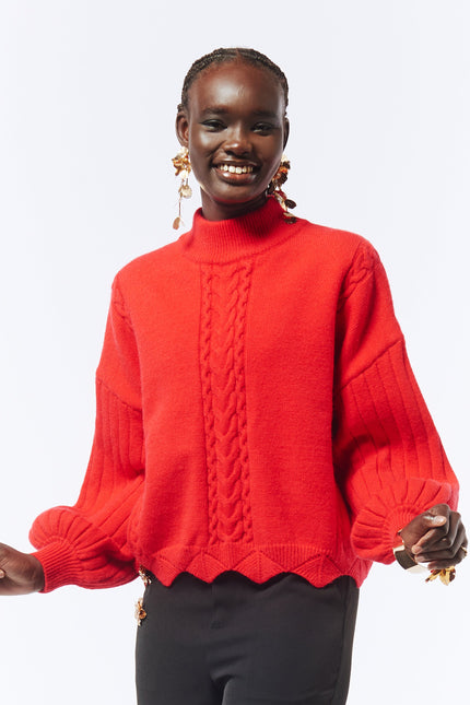 Batwing Sleeves Scallop Edge Knit Jumper II in Lust Red