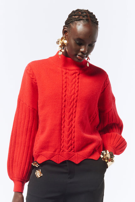 Batwing Sleeves Scallop Edge Knit Jumper II in Lust Red