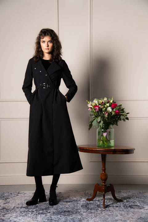 RainSisters | Double Breasted Coat with Trapeze Cut in Black 'Black Classic'