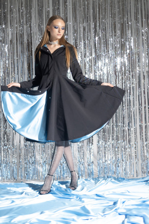 RainSisters | Fitted Black Coat with Flared Circle Skirt and Sapphire Blue Lining  'Black Sapphire'