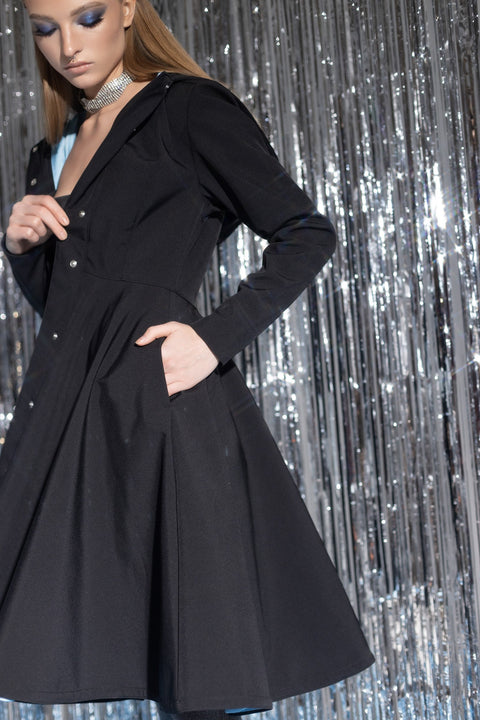 RainSisters | Fitted Black Coat with Flared Circle Skirt and Sapphire Blue Lining  'Black Sapphire'