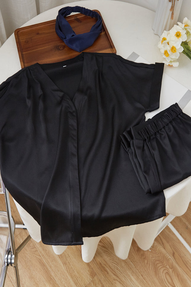 Soft Strokes Silk | Black Soar Top and Shorts Pyjamas Set