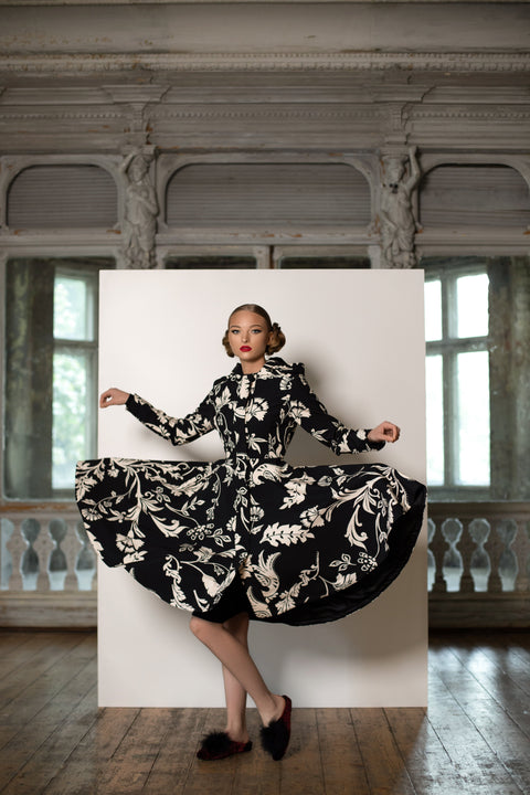 Black and White Fitted and Flared Women's Coat