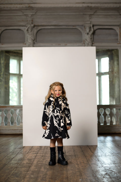 RainSisters | Fitted and Flared Coat for Girls in Black and White 'Blooming Night'