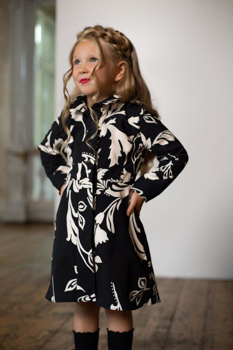 RainSisters | Fitted and Flared Coat for Girls in Black and White 'Blooming Night'