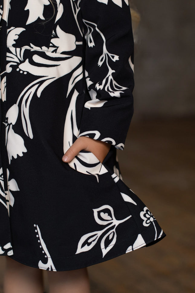 RainSisters | Fitted and Flared Coat for Girls in Black and White 'Blooming Night'