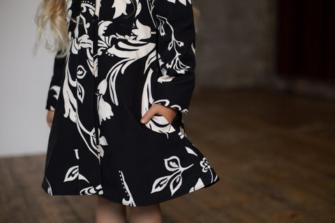 RainSisters | Fitted and Flared Coat for Girls in Black and White 'Blooming Night'