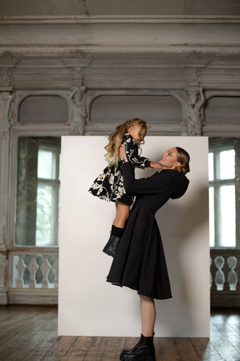 RainSisters | Fitted and Flared Coat for Girls in Black and White 'Blooming Night'