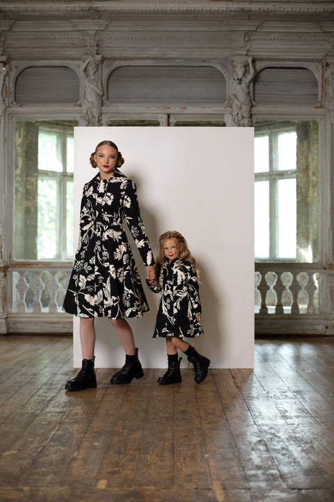 RainSisters | Fitted and Flared Coat for Girls in Black and White 'Blooming Night'