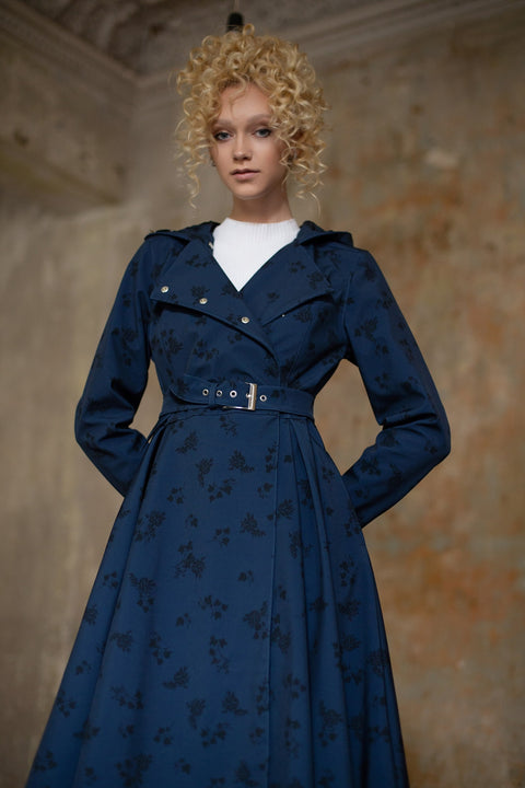 RainSisters | Double Breasted Trench Coat in Dark Blue with Black Floral Print 'Blue Frost'