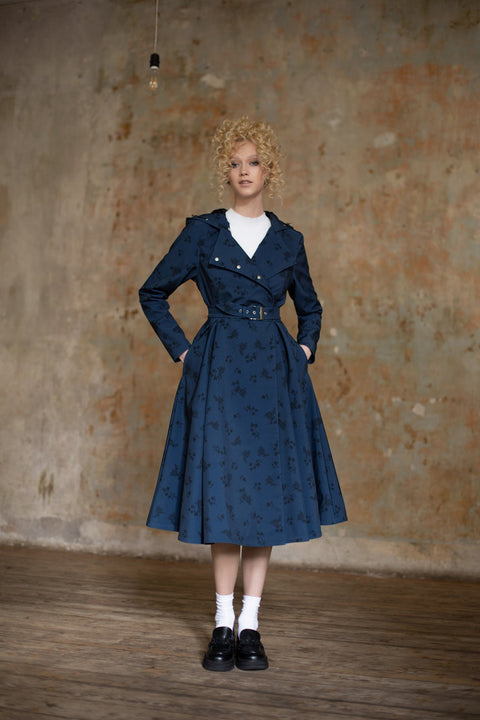 RainSisters | Double Breasted Trench Coat in Dark Blue with Black Floral Print 'Blue Frost'