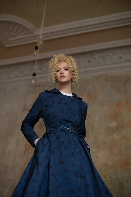 Double breasted Dark Blue Coat with Floral Print in Black