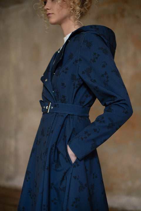 RainSisters | Double Breasted Trench Coat in Dark Blue with Black Floral Print 'Blue Frost'