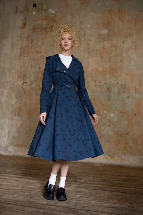 RainSisters | Double Breasted Trench Coat in Dark Blue with Black Floral Print 'Blue Frost'