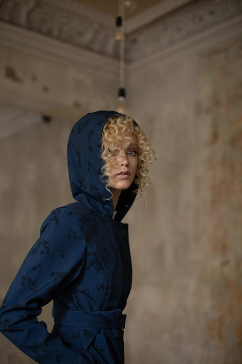 RainSisters | Double Breasted Trench Coat in Dark Blue with Black Floral Print 'Blue Frost'