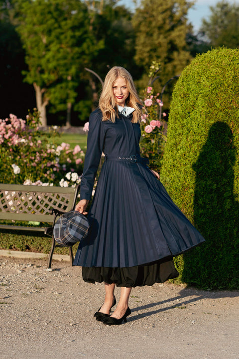 RainSisters | Fit and Flare Blue Women’s A-Line Coat with Pleated Skirt | Blue Serenade