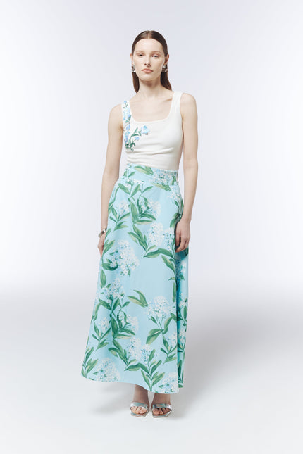 SOUR FIGS Ivory White square-neck top with blue flowers and green embroidered stems.