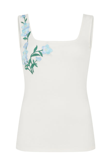 SOUR FIGS Blue Blossom-Appliqué Square-Neck Tank Top in Ivory White with delicate floral appliqué.