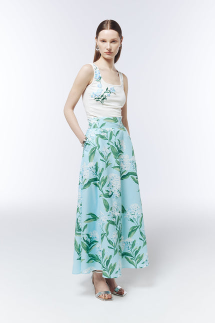 SOUR FIGS fitted ribbed tank top featuring blue blossom appliqué across the shoulder and chest.