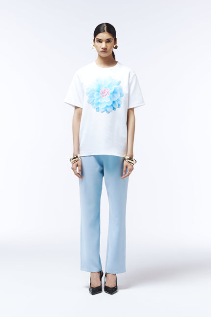 Sour Figs cloud blue T-shirt with illustrated dahlia flower print