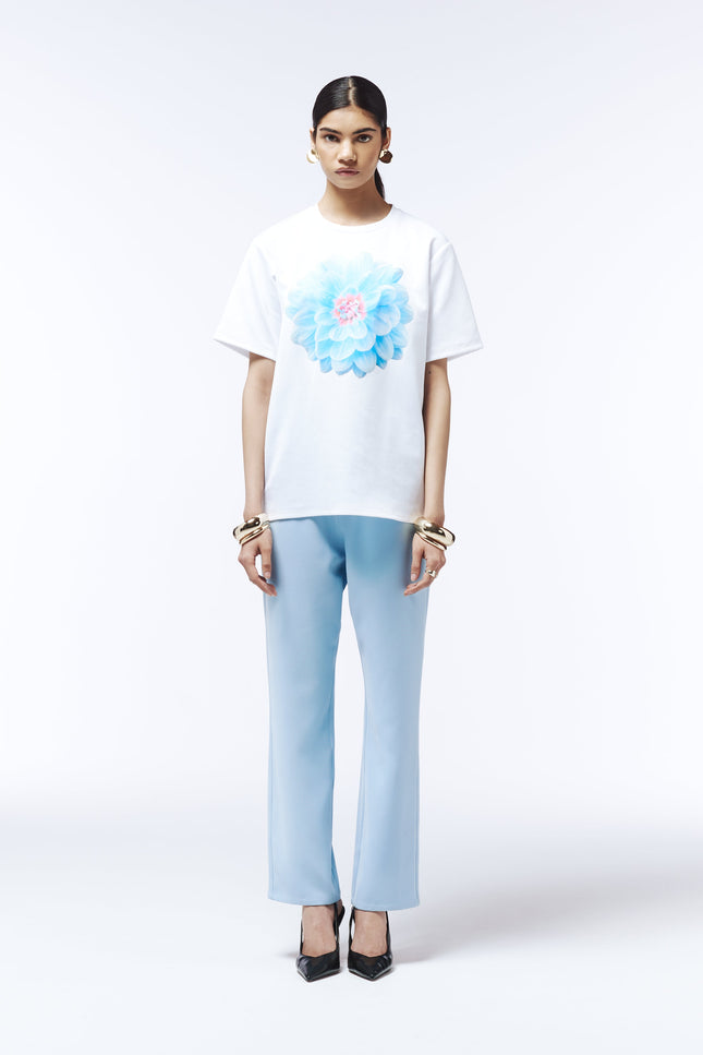 Sour Figs cloud blue T-shirt with illustrated dahlia flower print