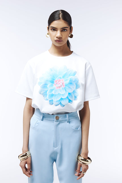Relaxed-fit floral T-shirt with digitally enhanced dahlia motif
