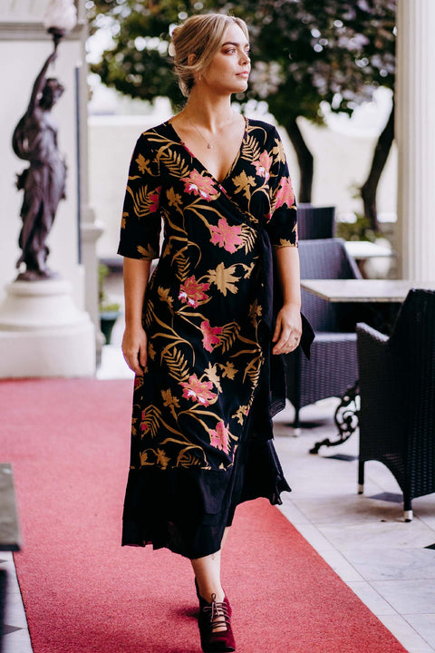 Violet Fish I Bonny Wrap Dress - Mystery Gardenia Print  Midnight Rose