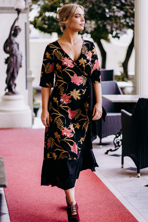Violet Fish I Bonny Wrap Dress - Mystery Gardenia Print  Midnight Rose