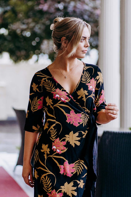 Violet Fish I Bonny Wrap Dress - Mystery Gardenia Print  Midnight Rose