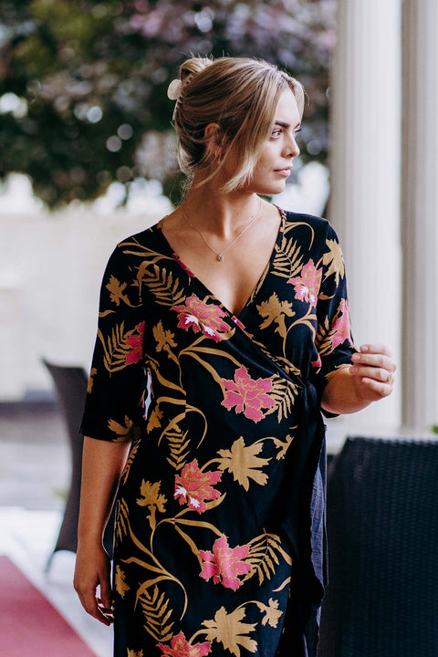 Violet Fish I Bonny Wrap Dress - Mystery Gardenia Print  Midnight Rose