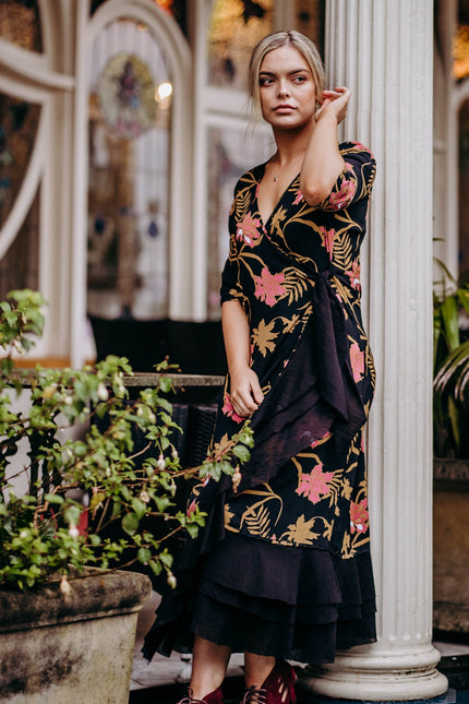 Violet Fish I Bonny Wrap Dress - Mystery Gardenia Print  Midnight Rose