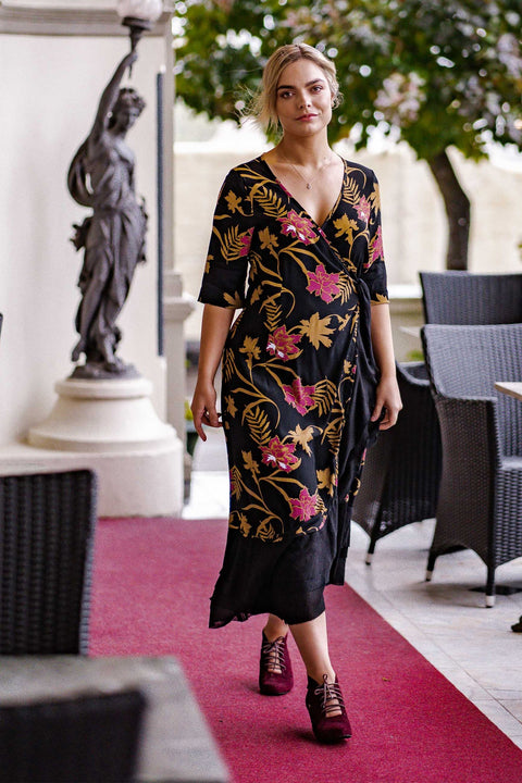 Violet Fish I Bonny Wrap Dress - Mystery Gardenia Print  Midnight Rose