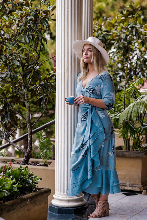 Violet Fish I Bonny Wrap Dress - Mystery Gardenia Print Blue Dreams