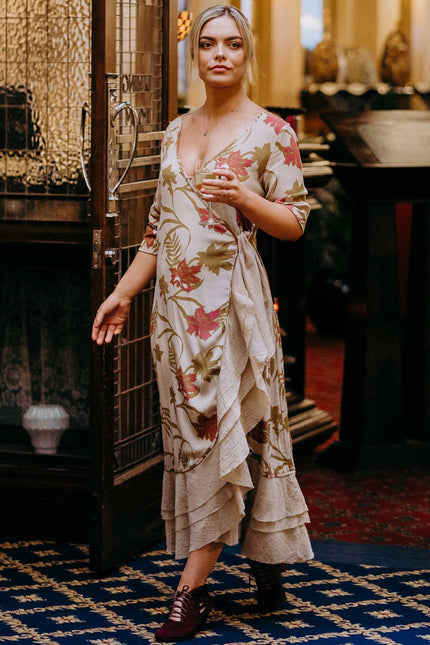 Violet Fish I Bonny Wrap Dress - Mystery Gardenia Print  Sand Rose