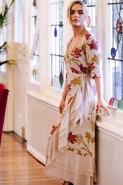 Violet Fish I Bonny Wrap Dress - Mystery Gardenia Print  Sand Rose