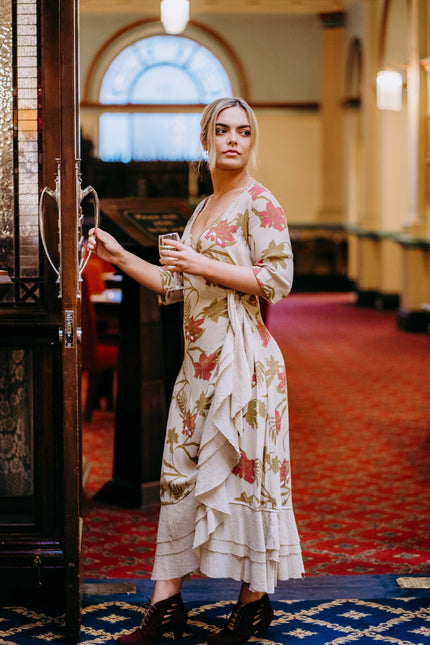 Violet Fish I Bonny Wrap Dress - Mystery Gardenia Print  Sand Rose