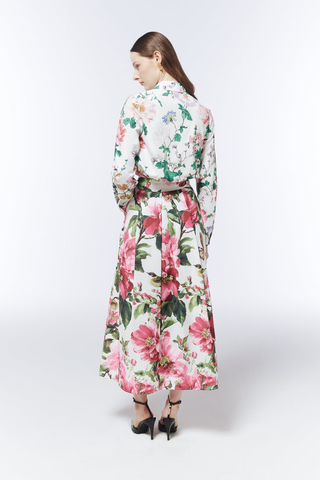 SOUR FIGS long-sleeve floral shirt styled with a coordinating printed midi skirt