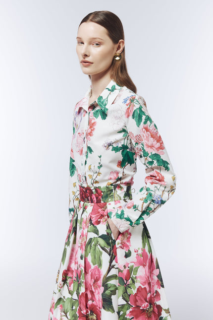SOUR FIGS Botanical Wildflower Button-Front Shirt in Porcelain White with pink and lilac flowers