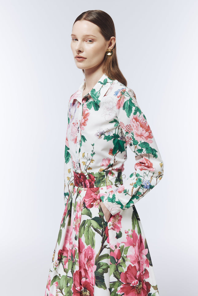 SOUR FIGS Botanical Wildflower Button-Front Shirt in Porcelain White with pink and lilac flowers
