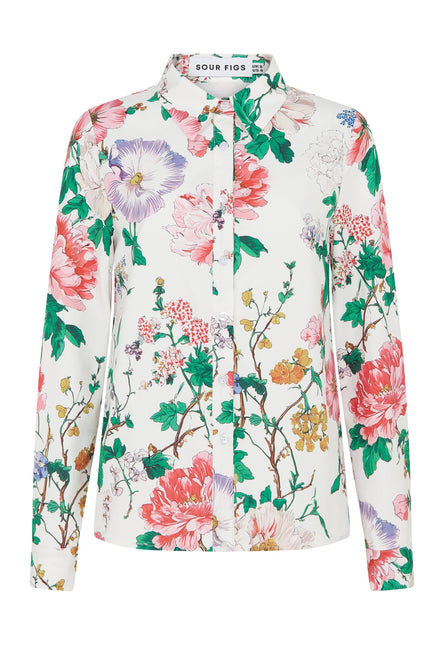 SOUR FIGS statement floral shirt with button fastening, wide cuffs and curved hem