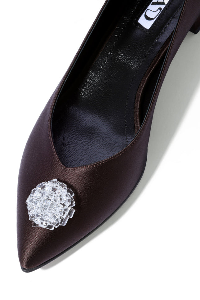 Brown satin ballerina flats with crystal accessory