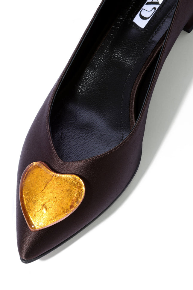 Brown satin ballerina flats with gold hearts