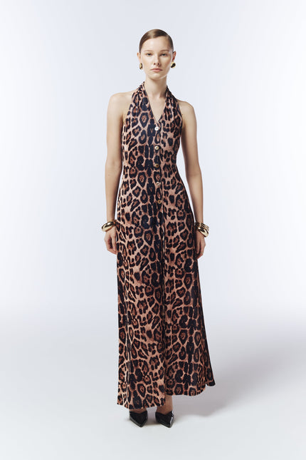 SOUR FIGS leopard velvet halterneck maxi dress in warm caramel brown with button front detail