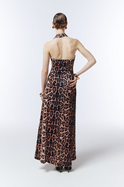 SOUR FIGS button-front leopard velvet maxi dress showcasing halterneck silhouette